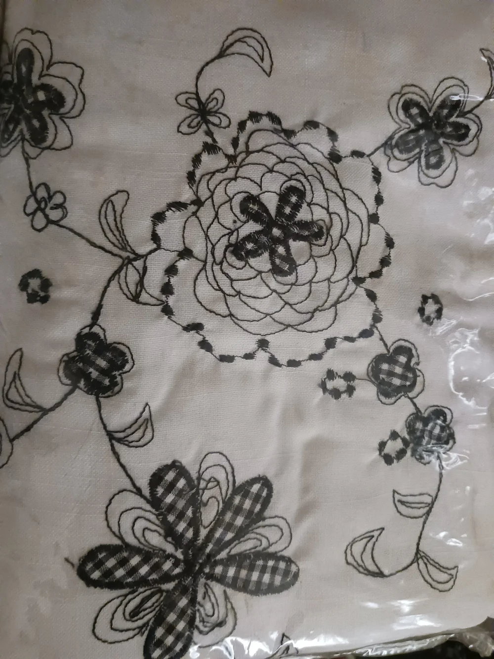 Embroidered Floral Panel Curtains in White with Black Accents 4 Panels